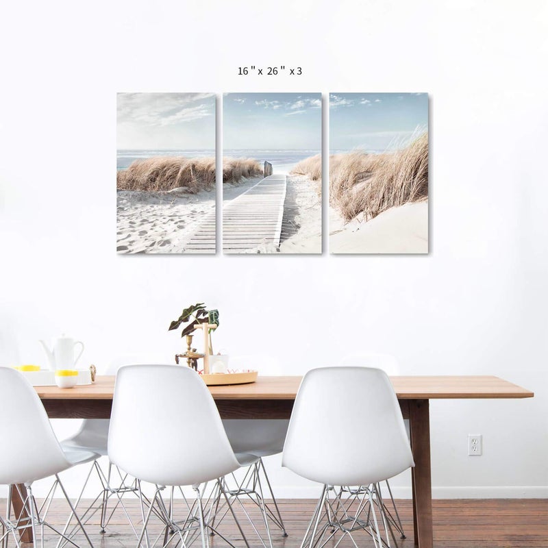 Hardy Gallery Beach Scene Picture Coastal Painting: Oceanside Sea Grass Trail Artwork on Canvas Print for Office(26''x16''x3pcs) - Image 2